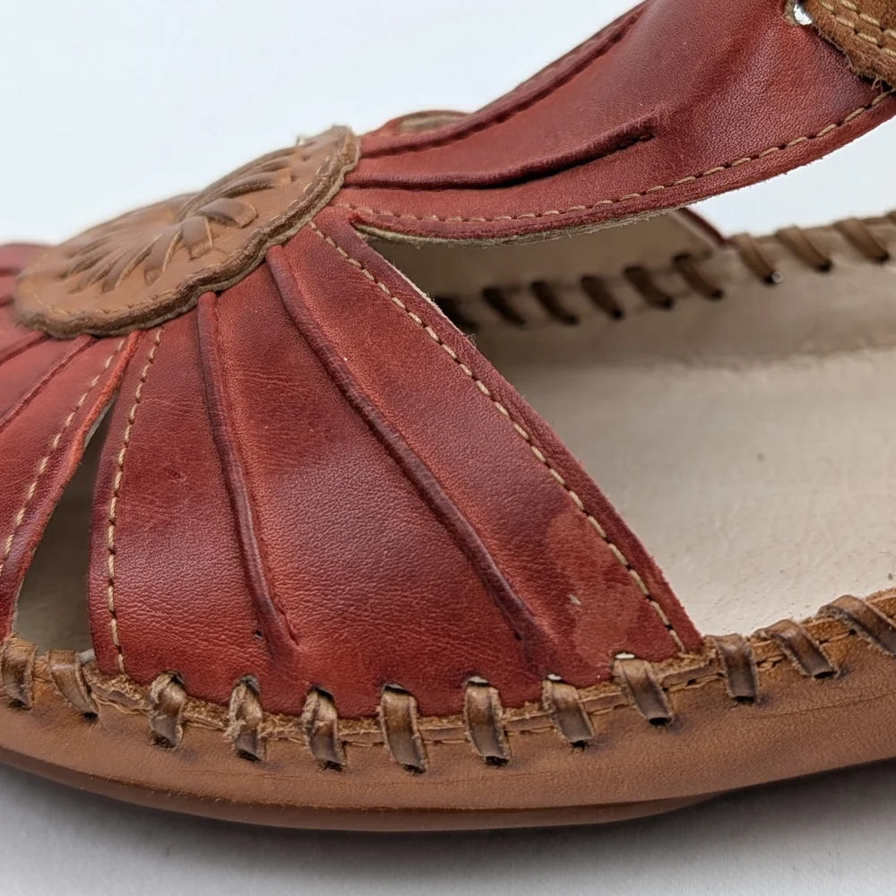 Pikolinos Puerto Vallarta Sandals Leather Slingback Closed Toe Red Tan EU 37